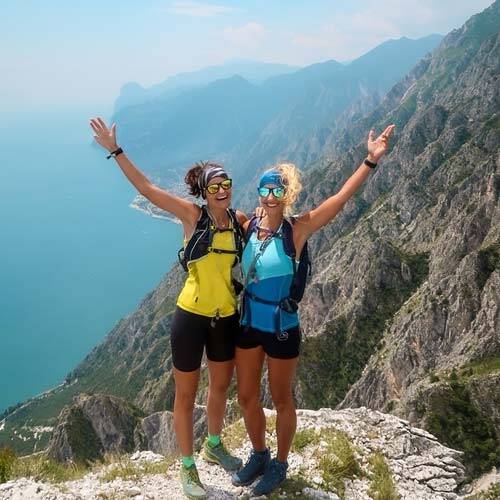 Immagine delle due donne "You Are on Adventure" in una cima di montagna