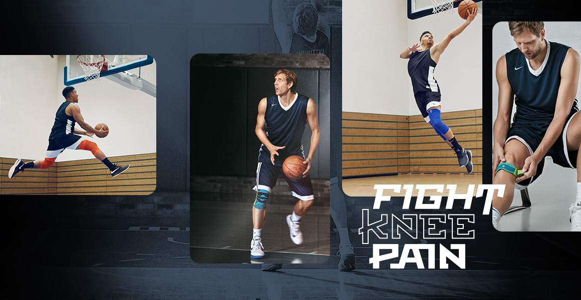 Picture Collage con Dirk Nowitzki e altri giocatori di basket per i basket con logo del testo "Fight Knee Pain"