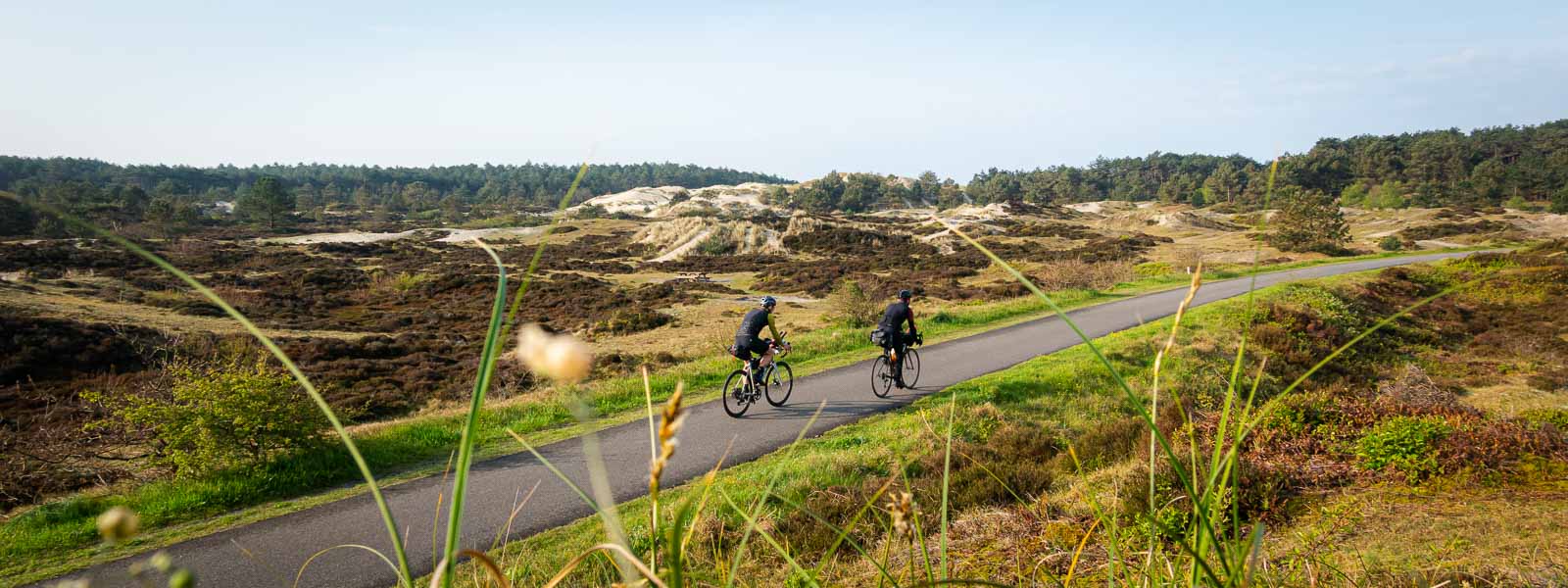 Due ciclisti che partecipano alla Race around the Netherlands percorrono una strada tra le dune.